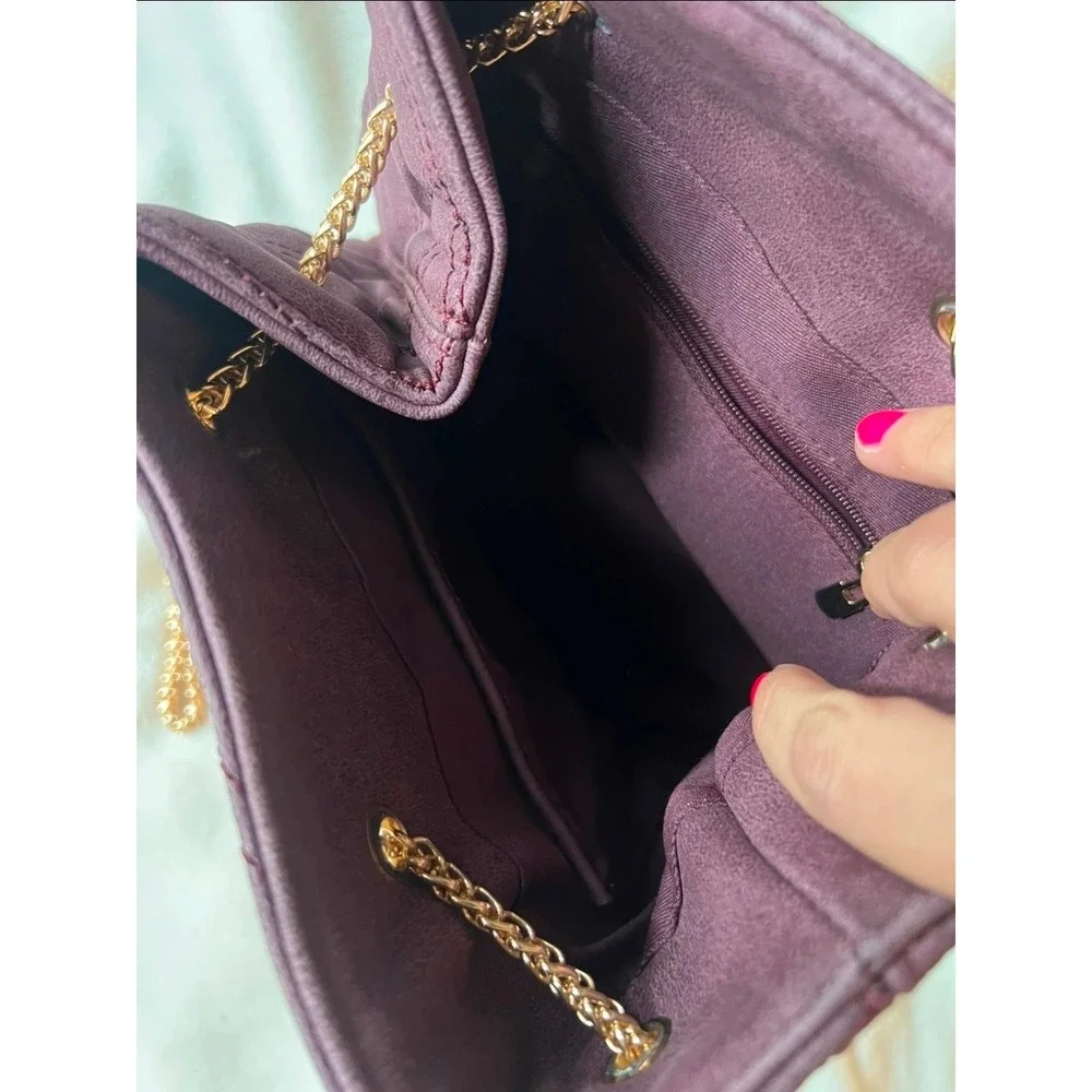 Burgundy Faux Suede Chevron Quilted Bucket Bag Gold Chain Strap Plum Handbag